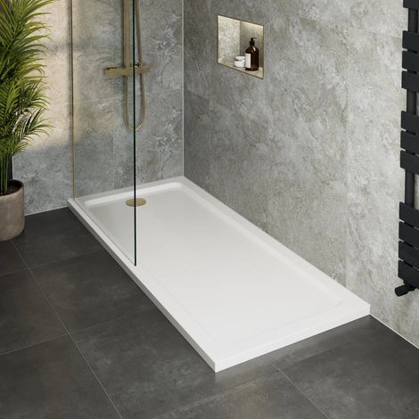 1700 x 700mm Bathroom Low Profile White Shower Tray for Enclosure Brass Waste (1/5)