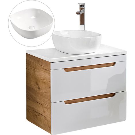 Waschtischunterschrank 60 cm mit 42 cm Keramik-Waschbecken LUTON-56 in Hochglanz weiß mit Wotan Eiche Nb., B/H/T ca. 61/76,5/46 cm (1/5)