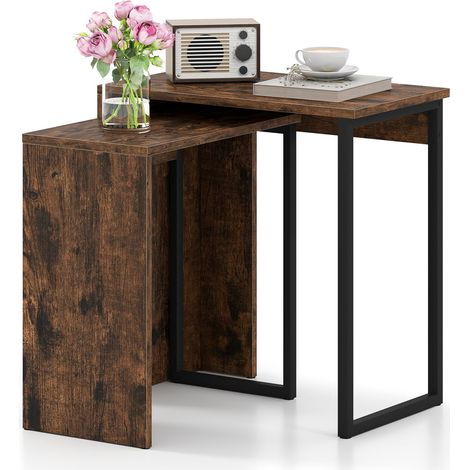 COSTWAY Set di 2 Tavolini da Caffè Impilabili, Tavoli Laterali per Divano con Piano in Finta Legno e Struttura in Metallo, Tavoli per Salotto, Studio e Camera da Letto, Marrone (1/5)
