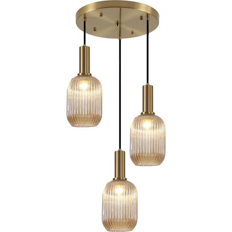 Goeco – Lampadario retrò a 3 luci in vetro trasparente – Paralume in vetro ambrato a righe – Lampada a sospensione regolabile per cucina – Illuminazione moderna (1/5)