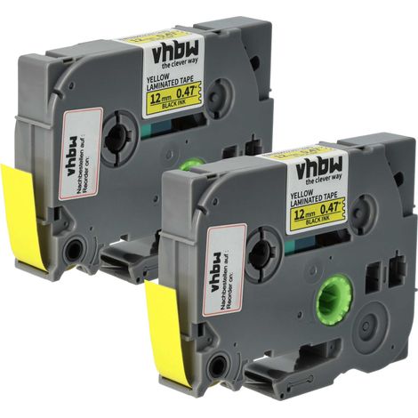 vhbw 2x Label Tape compatible with Brother PT 2480, 2470, 2460, 2450DX  for 2500, 2500C Label Printer 4m x 12 mm, Black on Yellow, plastic, Laminated (1/5)