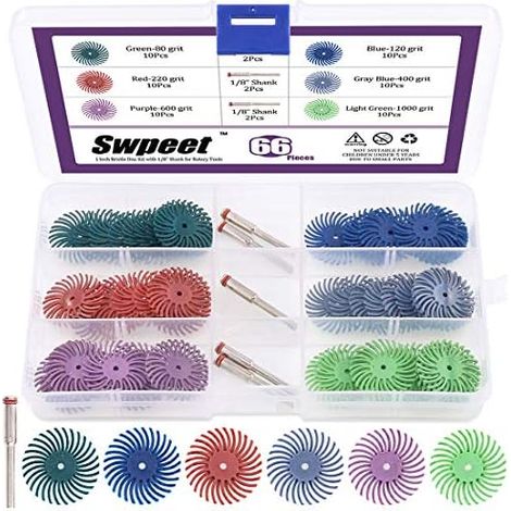 Sweet Lot de 66 disques abrasifs avec tige 1/8" pour outils rotatifs nettoyage et d'ébavurage, grain mixte 80/120/220/400/600/1000 - (1/5)