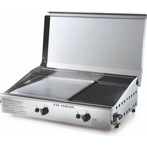 Ompagrill 4068 COVER M Plancha Double Duegas Bistecchiera a Gas Doppia Piastra Inox e Ghisa Vetrificata 71x40 cm colore Satinato (1/2)