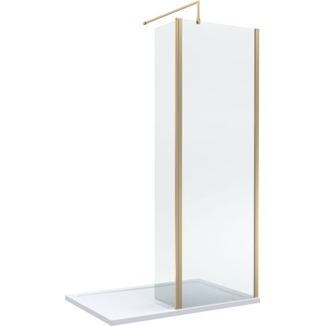 8mm Glass Walk In Wetroom Screen and Hinged Return Screen with Brushed Brass Profile and Shower Tray - 1200 x 700mm
