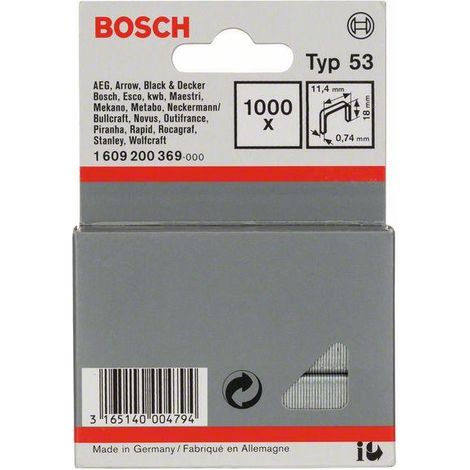 Bosch – Agrafes à fil fin type 53 1.000x 11,4 x 0,74 x 18 mm – Fixation pour matériaux fins – 1609200369
