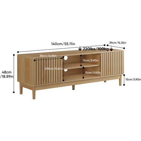 Meuble TV chêne 140 cm, style Mid-Century Moderne (compatible écrans 55-65 pouces), console média avec rangement, centre de divertissement pour salon et chambre.