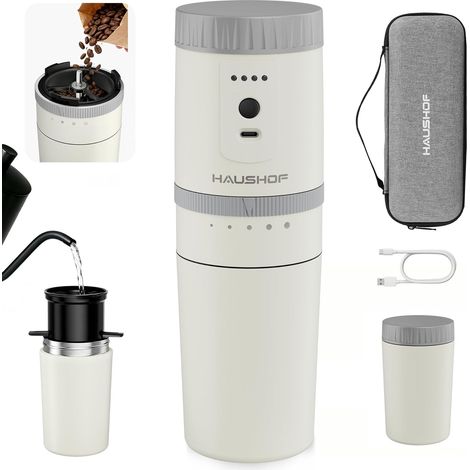 Machine à Café Portable Tout-en-Un avec Broyeur Intégré 5 Réglages de Mouture, Rechargeable USB-C, Mug Isotherme 300 ml, Blanc (1/5)