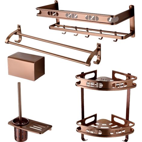 Bathroom Towel Rack Set - High-Standard Space Aluminum, No-Drill Toilet Hanger, Bathroom Storage Towel Rack Hardware Set - Rose Gold Five-Piece Set
