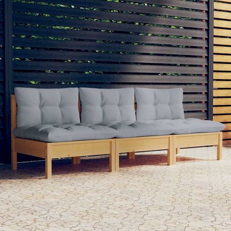 Canapé fixe 3 places de jardin Canapé relax - Banc de jardin et coussins gris Bois de pin solide BV223411 - BonneVie (1/5)