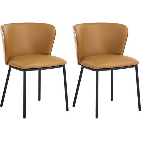 Conjunto de 2 sillas de comedor de piel sintética con patas de hierro negras sin reposabrazos tapones para las patas diseño minimalista moderno marrón Hoskin