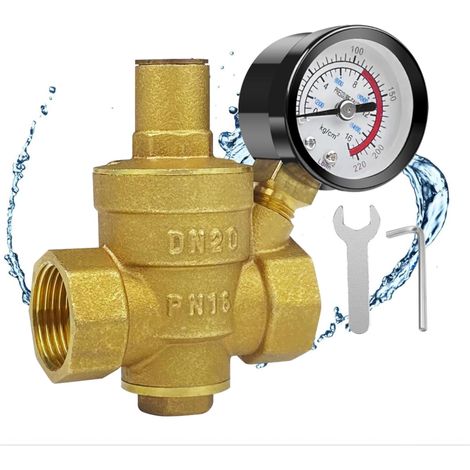 DN20 Réducteur de Pression D'Eau, Reducteur de Pression Eau, Pression D'Eau Réglable, Régulateur de Pression D'Eau, Réduction de Pression D'Eau Réglable en Laiton avec Manomètre Compteur (1/5)