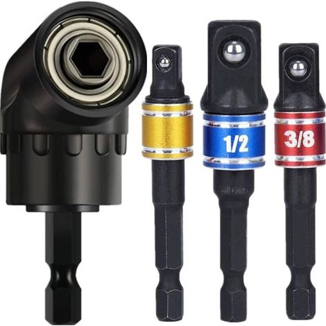 3 pièces 1/4 "3/8" 1/2 "Cr-V adaptateur de douille hexagonale adaptateur de douille clé à douille jeu d\'écrous + 1 pièces 105 ° support d\'angle clé d\'angle adaptateur de fixation 1/4" poignée hexag (1/5)