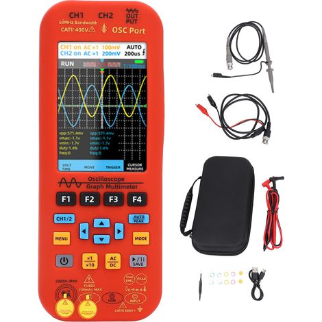 Multimetro 3 in 1 con oscilloscopio, generatore di segnale, 2 canali, larghezza di banda 50 MHz, frequenza di campionamento 250 MSa/s, portatile. (1/5)