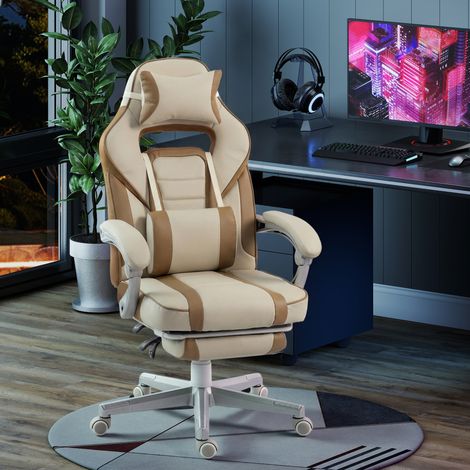 Silla Gamer Reclinable con Altura Ajustable Reposapiés Retráctil Soporte Lumbar y Reposacabezas Desmontable Crema (1/5)