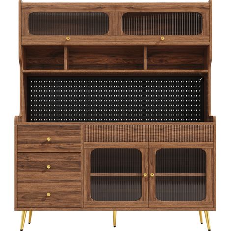 Vitrina alta con LED, panel perforado, cajón y estantes de cristal 145x39x171 cm nogal MODENUIT (1/5)