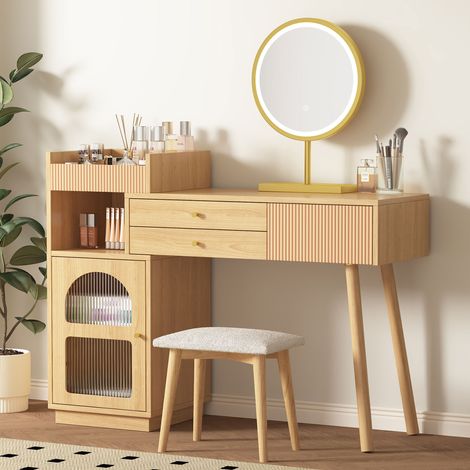 Coiffeuse 1 porte 3 tiroirs + 1 miroir LED 120x40x90 cm effet bois