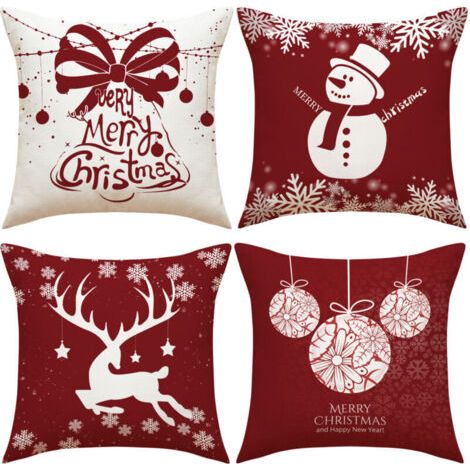 Lot de 4 coussins de Noël, coussins de canapé cerf, housses de coussin de Noël, couvre-oreillers joyeux Noël pour canapé, voiture, bureau, lit, maison, salon. (1/4)