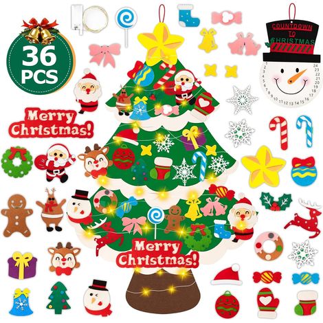 Sapin de Noel en Feutre Montessori, Enfant Sapin Noel avec Lumière LED Calendrier de l'Avent Bonhomme de Neige, 102cm DIY Feutrine Arbre de Noël Déco, 36 Ornements Amovibles Décor Cadeau (Vert) (1/5)