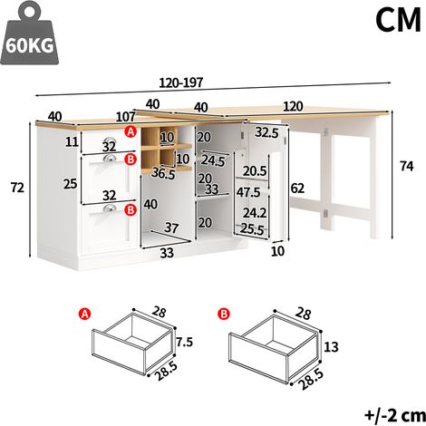 Table bar multifonctionnel avec rangement, îlot de cuisine extensible, porte-bouteilles et tiroir, poignées métalliques, table pliante pivotante 360°, chariot de service pour petit espace, blanc (1/5)