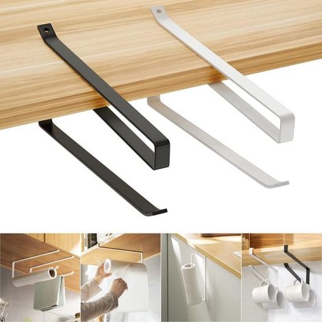 Lot de 2 porte-rouleaux de papier essuie-tout - Gain de place et robuste - Fixation murale autocollante - Fixation sous plan de travail - Organisateur de cuisine et de salle de bain - Porte-rouleau de (1/5)
