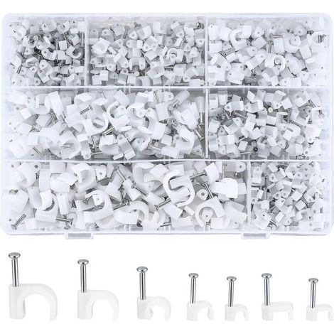 700 Pièces Attache-câble Ronde avec Clou en Acier, Clips Câble Ronds, Cavalier Cable Electrique Blanc, 4 mm/5 mm/6 mm/8 mm/10 mm (1/4)
