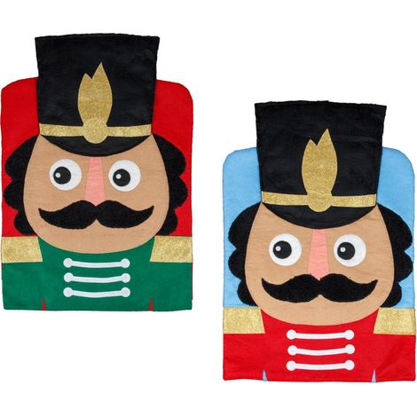 Set mit 2 weihnachtlichen Stuhlhussen, Hocker im Soldaten-Design aus Walnussholz, festliche Sitzbezüge für die Weihnachtsdekoration (1/5)