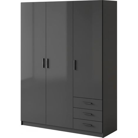 Armadio Con 3 Ante R 3 Cassetti Barra Appendiabiti E 4 Ripiani Di Cui 2 Regolabili Design Moderno Capiente Camera da Letto Lavanderia Ingresso 147 x 49.8 x 200.4 Cm Grigio Scuro