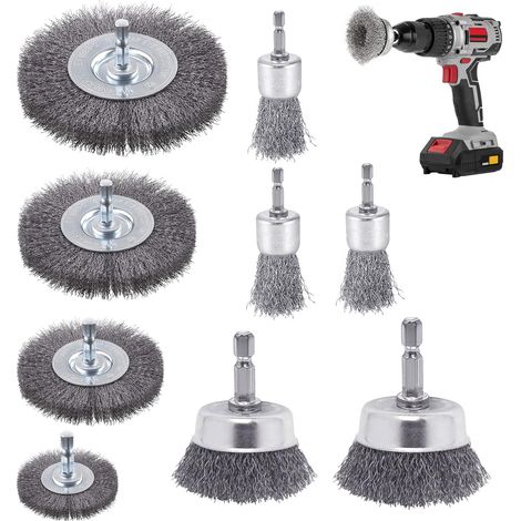 Brosse Métallique pour Perceuse 9 Pièces, Tige Hexagonale 6 mm (9) (1/5)