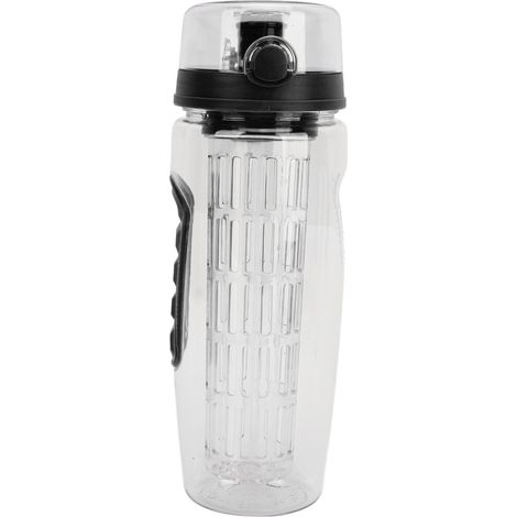 Wasserflasche mit Fruchteinsatz, rutschfest, mit Klappdeckel, mit Schraubverschluss, für Damen und Herren, auslaufsicher, schwarz (1/5)