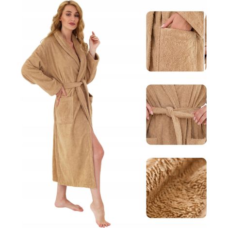 Damen-Frottee-Bademantel, warm, 100 % Baumwolle, weich, beige, XL (1/5)