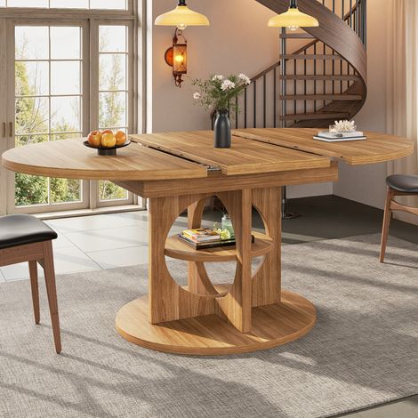 Tavolo da pranzo allungabile in MDF 110/150 x 110 x 76 cm effetto legno, rotondo-ovale con vano portaoggetti (1/5)