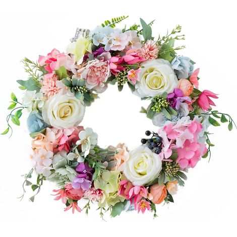 Dekorativer Kranz – Künstliche Rose aus Rattan und Stoff – Durchmesser 42 cm – Mehrfarbig, für den Innen- und Außenbereich (1/5)