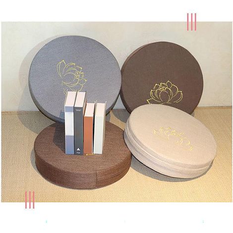 Coussin de méditation rond en mousse rigide, coton et lin, déhoussable et lavable, confortable, pour balcon, salon ou tatami, gris. (1/5)
