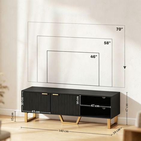 Mueble para TV de hasta 70 pulgadas, soporte para TV con 2 puertas ranuradas, compartimento abierto y pasacables. (1/5)