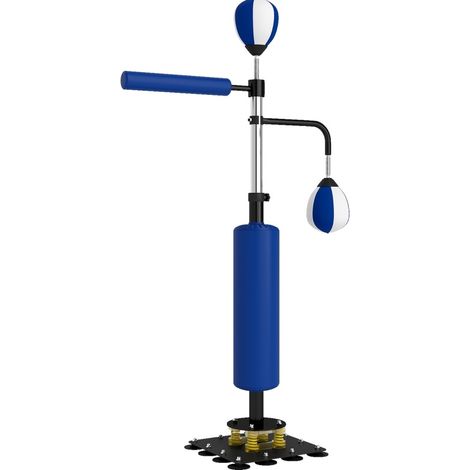 Support de boxe avec deux speedballs, barre rotative, coussin de frappe réglable en hauteur, acier, 107 x 36 x 140-205 cm, bleu (1/5)