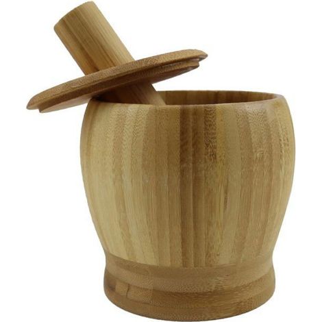 Mortier et pilon en bambou avec couvercle pour broyer l'ail, les épices, les herbes, les grains de poivre, ustensile de cuisine (1/5)