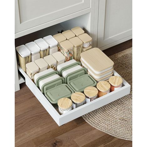 tiroir coulissant cuisine,extensible sur 4 côtés,plateau coulissant placard,tiroirs télescopiques,30-49.5cm Largeur, 41.5-55cm Profondeur,Fixation Autocollante ou par Vis,Blanc (1/5)