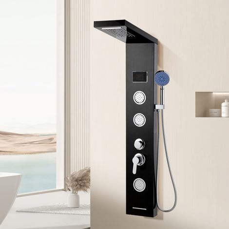 Randaco Colonne de douche noire inox 304, cascade et 6 jets pluie (1/5)