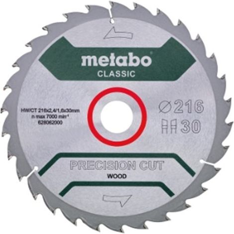 Hoja de sierra circular METABO Classic "Precisión en corte de madera" 628062000 - HW/CT - 216x30mm - 30WZ - 22°