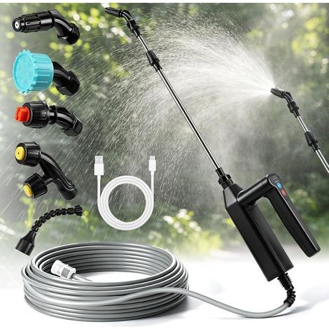 Elektrische Gartenspritze (7,4 V), 3 Geschwindigkeitsstufen, 8 m Schlauch, 5 Düsen und Teleskopstange, 2000 mAh Akku-betriebene Spritze zum Reinigen und Bewässern (1/5)