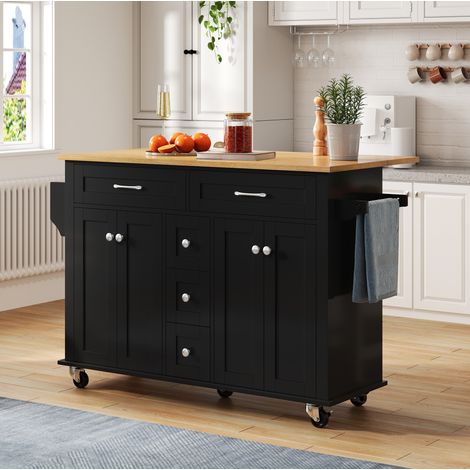Mueble de cocina con ruedas, encimera abatible, 5 cajones, negro y natural DESVIAE (1/5)