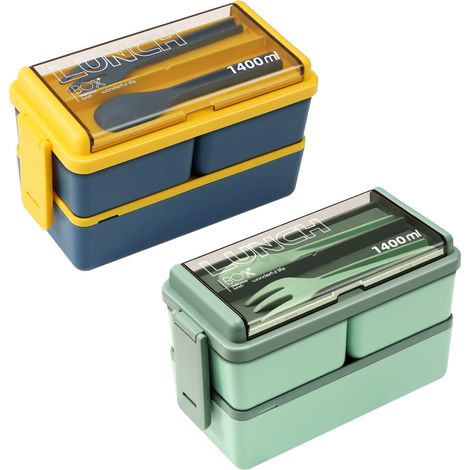 Lot de 2 boîtes à lunch Bento pour adultes, 1,4 L (49 oz), étanches, écologiques et empilables, idéales pour les repas au restaurant, le travail, les pique-niques et l'école (vert + bleu)