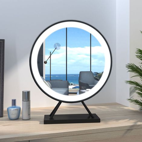 Hollywood Vanity Mirror with Lights, Large Round Corner Tabletop Makeup Mirror with Dimmable, Smart Touch Screen, Hollywood Mirror with Memory Function, 40 x 47cm, Black