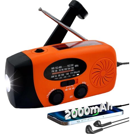 Radio portátil de emergencia con linterna LED - Radio meteorológica portátil AM/FM de 2000 mAh - Carga de teléfonos móviles - Carga USB y solar para camping - 2000 m