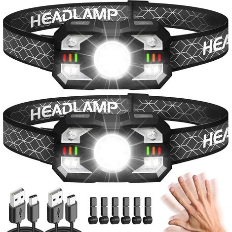Lampe Frontale 2 Pièces,Lampe Frontale LED Ultra Puissante 2000 Lumens,Torche Frontale 10 Modes IPX5 Étanche Rechargeable USB Capteur De Mouvement,Pour Pêche,Camping,Cyclisme,Running (1/5)