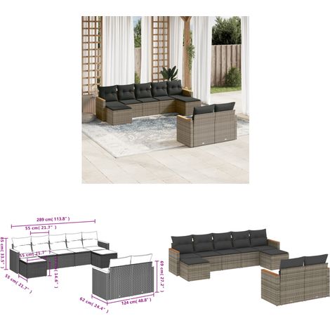Salon de jardin 9 pcs avec coussins gris résine tressée - Ensemble Salon De Jardin - Salon De Jardin Extérieur - Meuble De Jardin - Mobilier De Jardin - Résine Tressée - Home & Living (1/3)