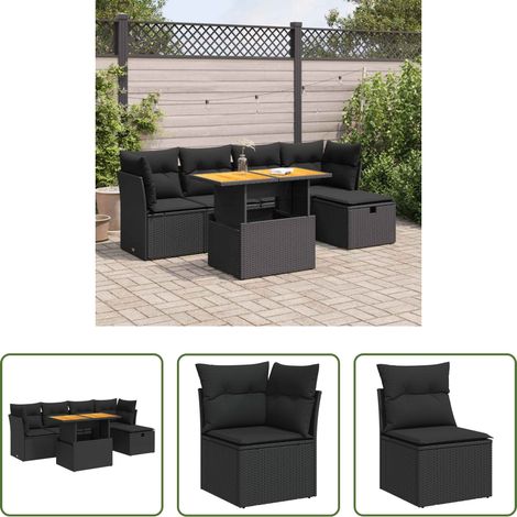 vidaXL Canapé extérieur -  Salon de jardin 6 pcs avec coussins noir résine tressée acacia (1/5)