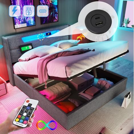 Polsterbett 140x200cm con LED y USB Tipo C, Color Gris, 2 Paquetes (1/5)