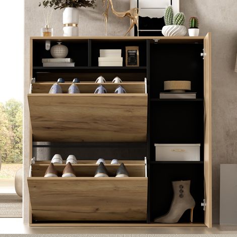 MODFU – Scarpiera 90x24x94 cm in truciolato con 2 ribaltabili, anta, nicchie, ripiani regolabili e carico 50 kg – Nero/naturale (1/5)