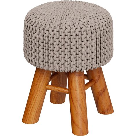 Petit tabouret rond en tricot coton gris clair et pieds en bois - LISA (1/4)